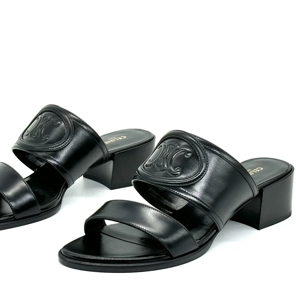 CELINE Appoline Lambskin Leather 40 Mule Slide Sandals Heels Triomphe Logo - Picture 10 of 13